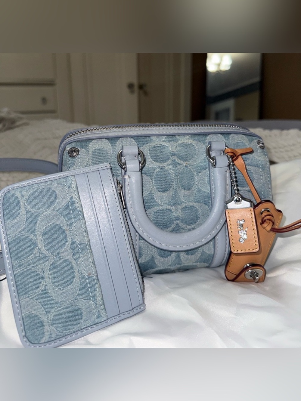 COACH ruby denim satchel and card case